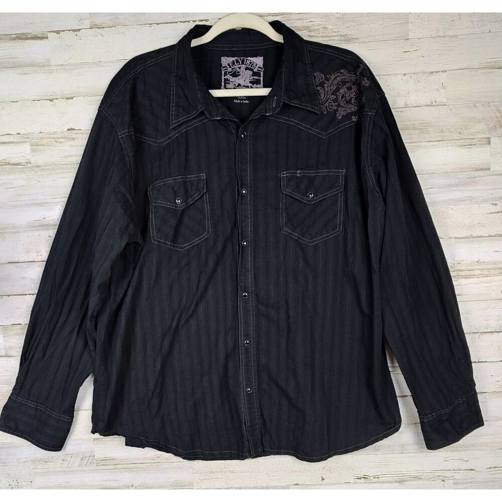 Ely Cattleman Shirt Mens 2XL Blk Western VTG Snap Long Sleeve w/Floral Design